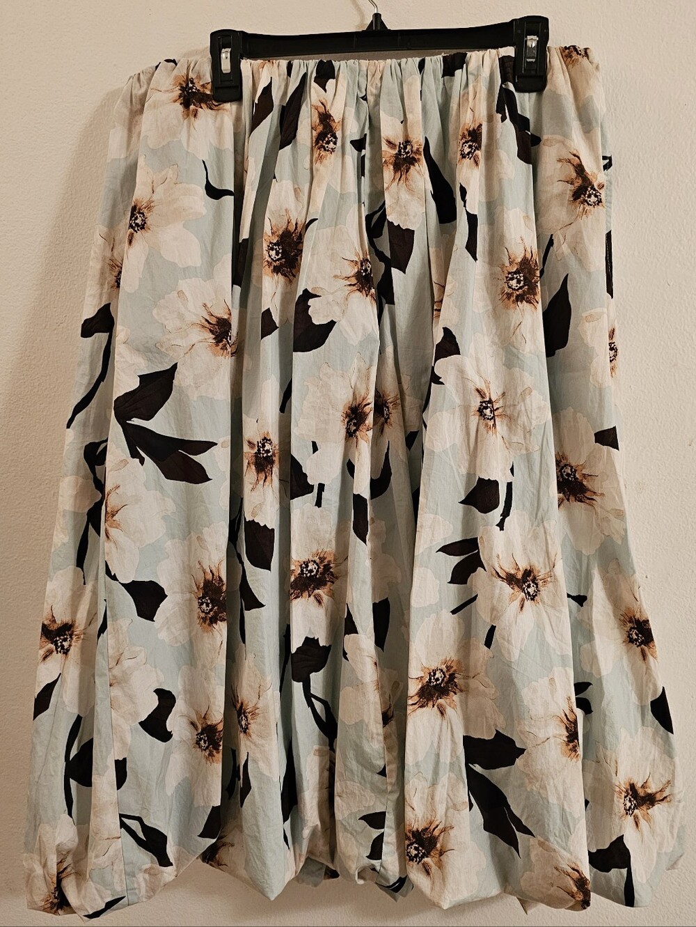 Floral Midi Ballon Skirt - Light Green w/Cream, Brown & Black Floral Print